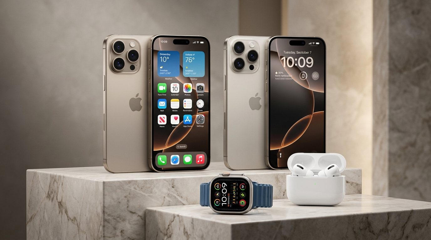 Apple wholesale product ecosystem featuring iPhone 16 Pro Max, Apple Watch Ultra 2, and AirPods Pro