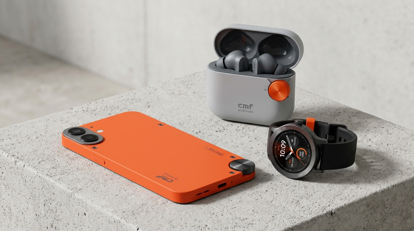 CMF by Nothing ecosystem including CMF Phone 1, CMF Watch Pro 2, and CMF Buds Pro 2