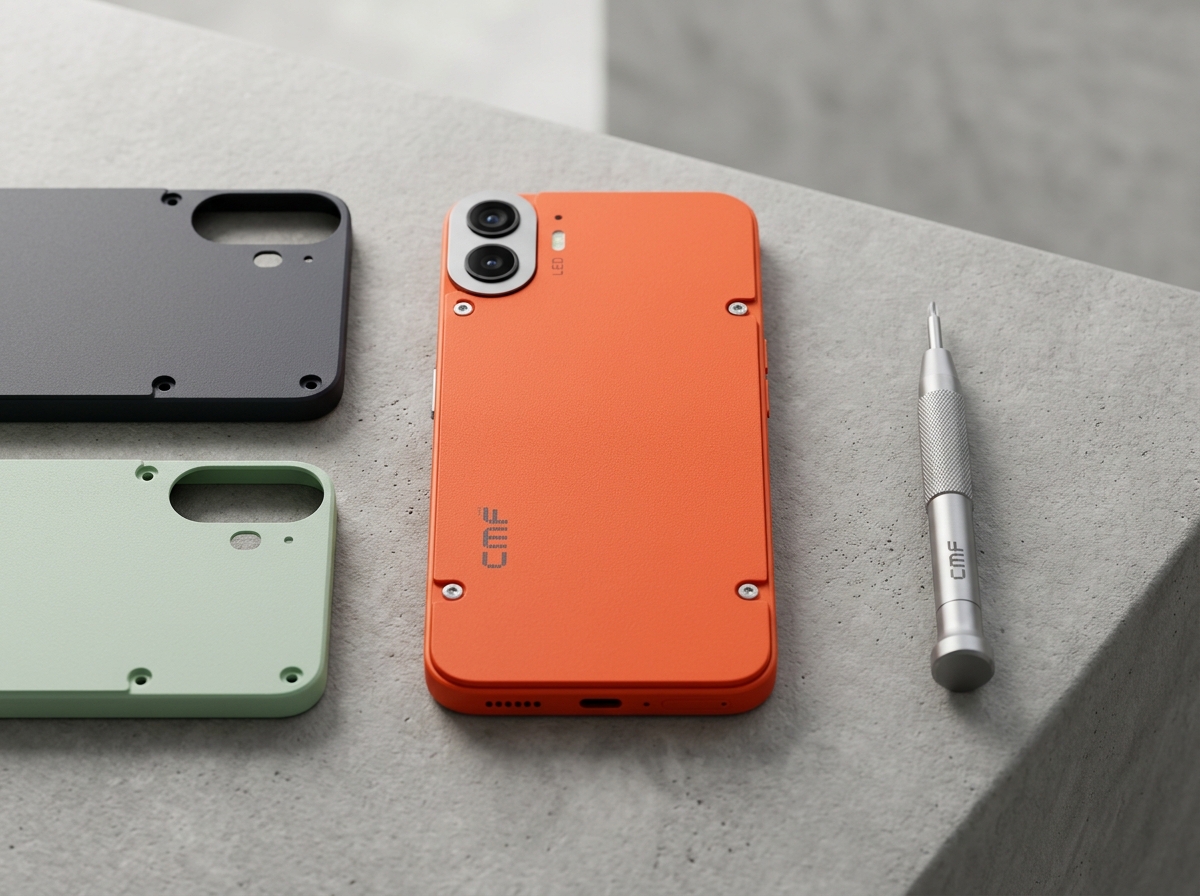 CMF Phone 1 in signature orange with modular backplate system and mini screwdriver