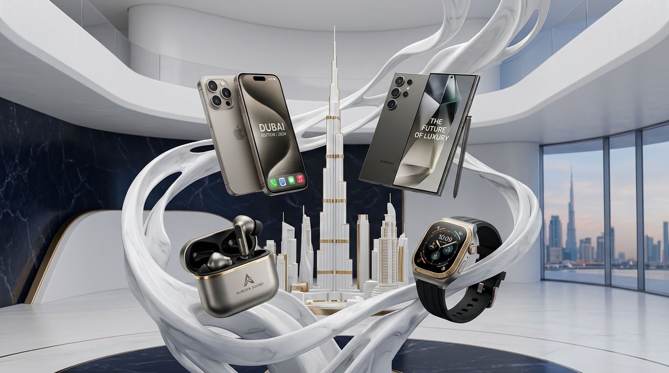 Mach Telecom Dubai skyline with premium flagship smartphones, smartwatches, and wireless audio technology